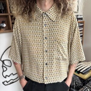 Vintage 80s Geometric Rayon Short Sleeve Button Down Shirt ~ Size XL